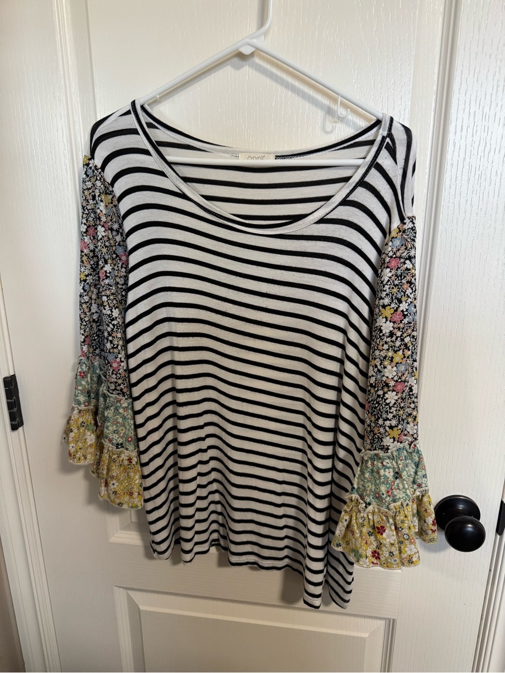ODDI Boho Mixed Pattern Striped Top with Floral Bell Sleeves - Size Large